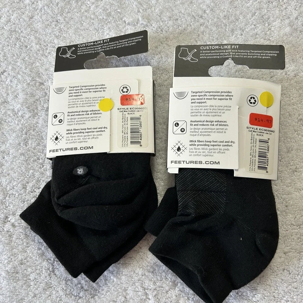 Feetures Mens Size M Black Max Cushion Low Cut Golf Socks 2 Pack